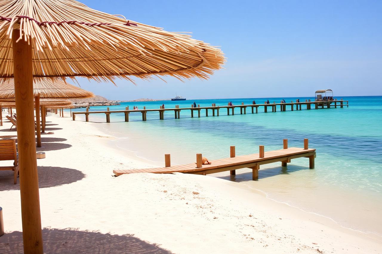 Turquoise Red Sea water and white sand beach on an island near Hurghada